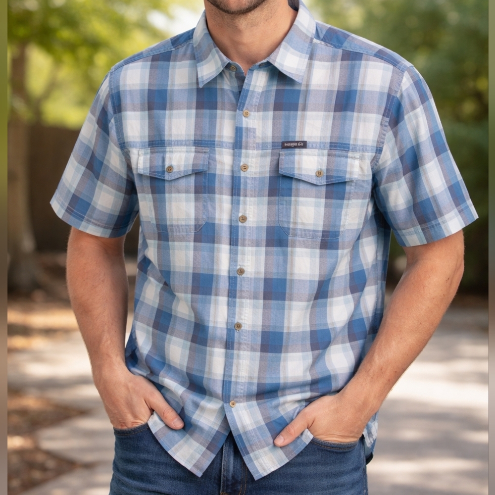 Wrangler Blue Plaid Mens Utility Shirt XL Button Down Blue Short Sleeve Outdoor